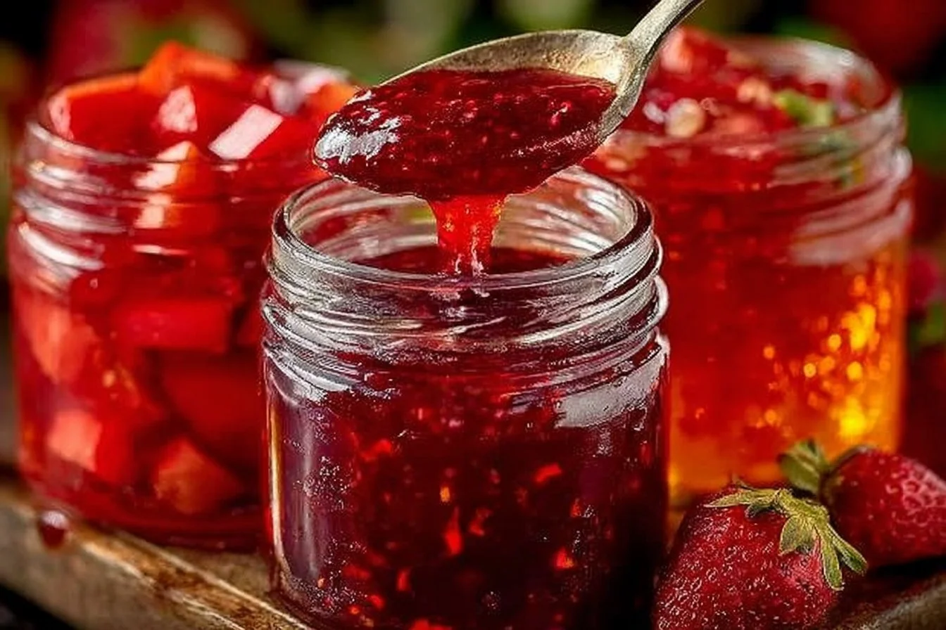 Jar of homemade strawberry rhubarb jam on a wooden table with fresh strawberries and rhubarb
