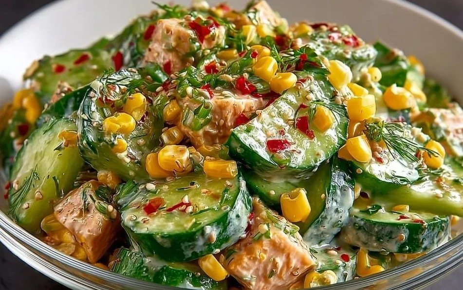 Street corn creamy cucumber salad in a bowl, garnished with herbs.