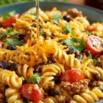 Colorful Taco Pasta Salad with fresh vegetables and toppings in a bowl