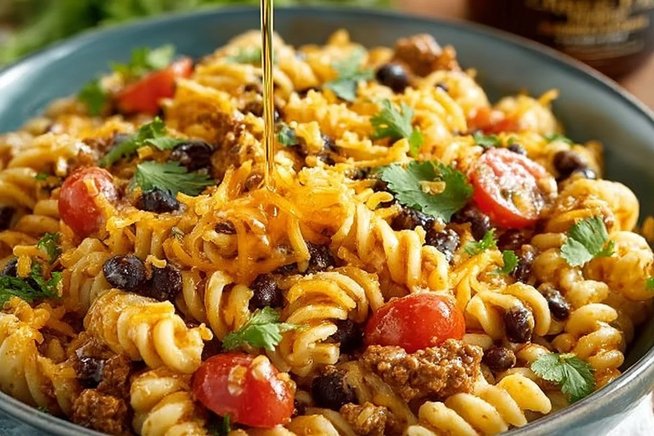 Colorful Taco Pasta Salad with fresh vegetables and toppings in a bowl