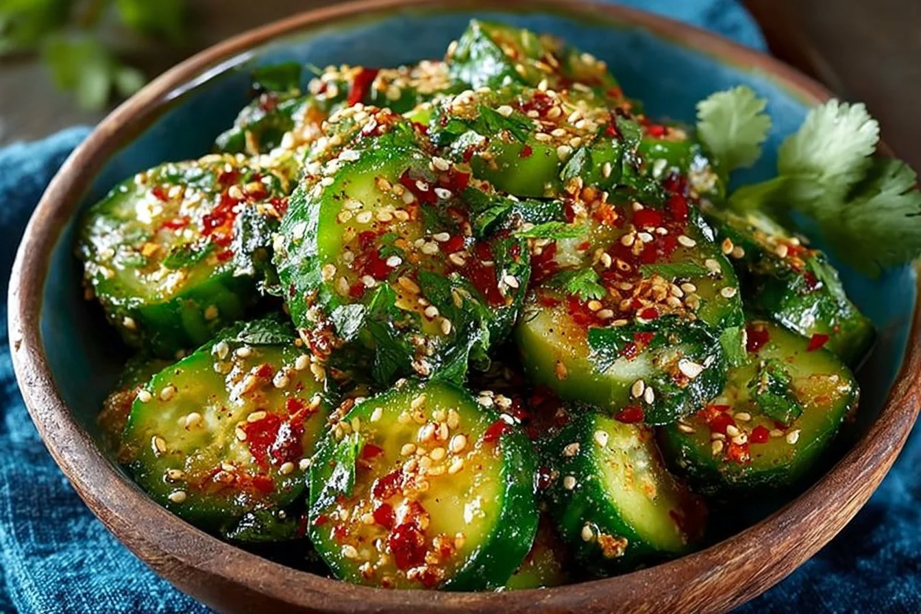 Tangy Spicy Korean Cucumber Salad with fresh ingredients and vibrant colors