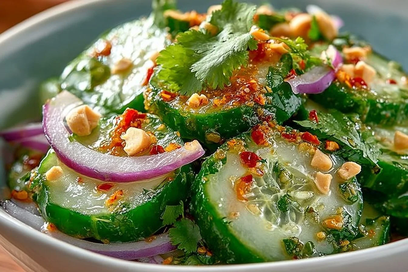 Delicious Thai cucumber salad with fresh ingredients and vibrant colors.