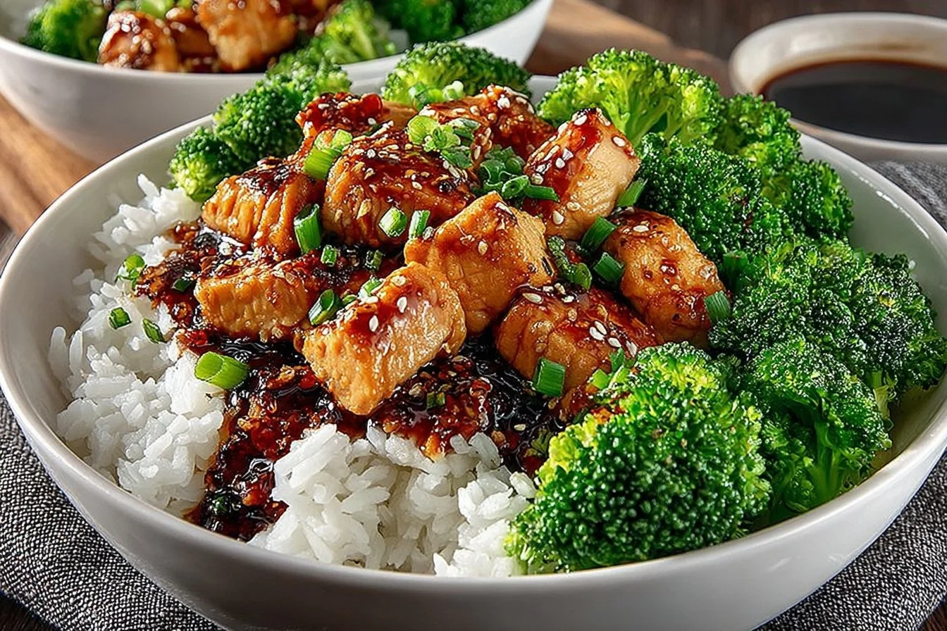 Delicious teriyaki chicken rice bowl with fresh vegetables and sauce