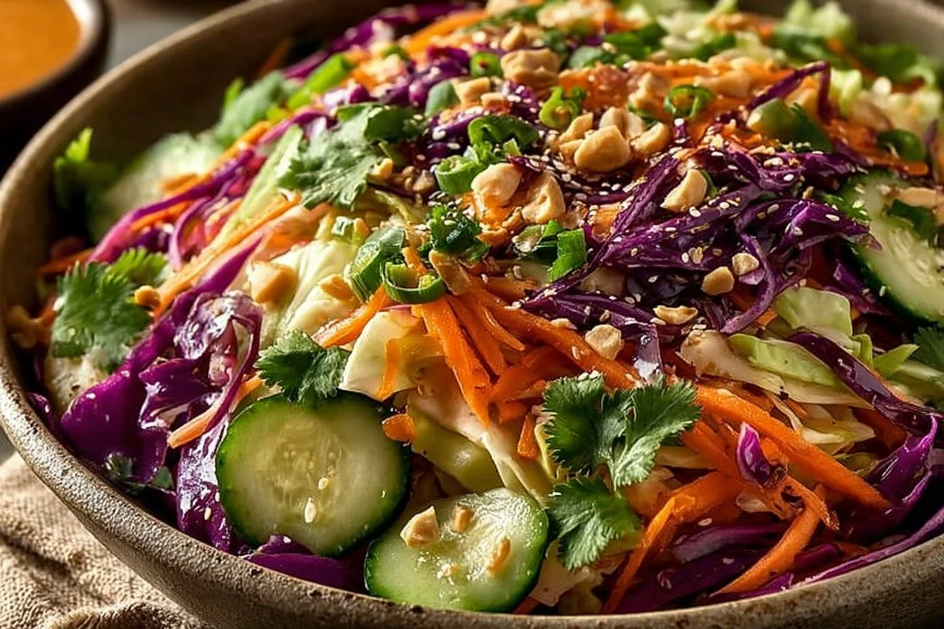 Thai Crunch Salad with peanut ginger sauce on a plate
