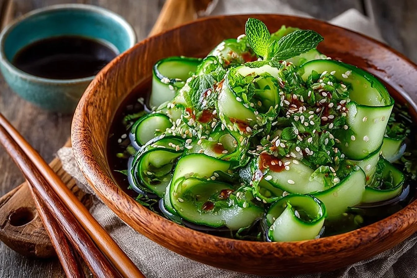 Thai Cucumber Salad with Sesame Ginger Dressing served on a plate