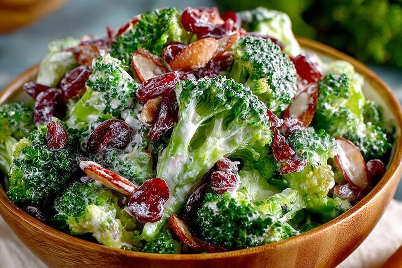 Delicious and colorful broccoli salad with fresh ingredients