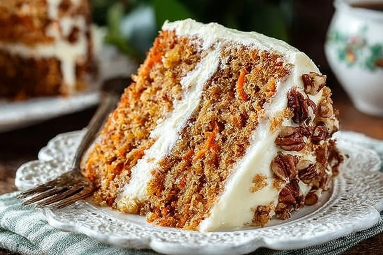 Delicious carrot cake with cream cheese frosting on a rustic wooden table