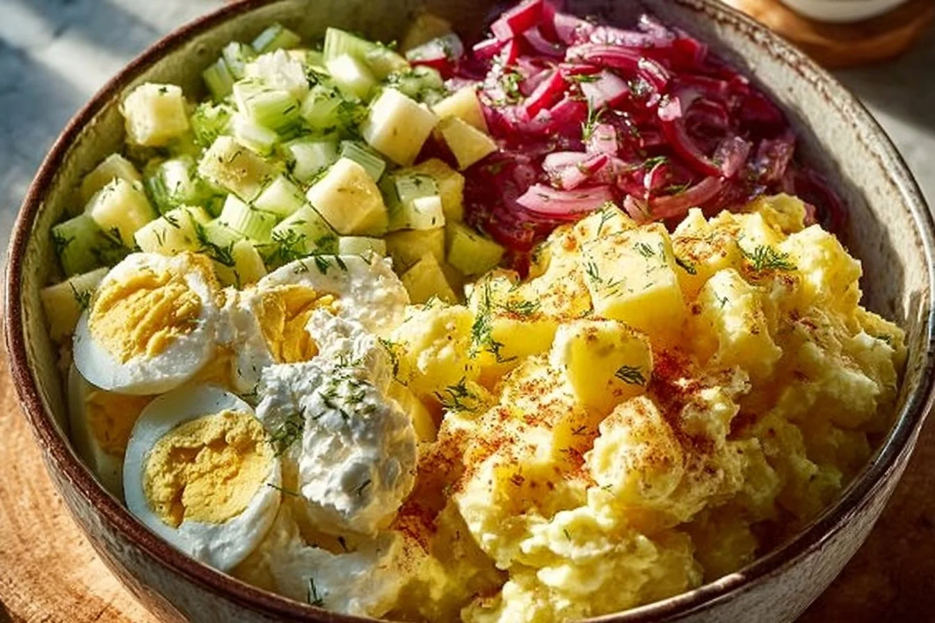 A bowl of creamy potato salad with fresh herbs and diced vegetables