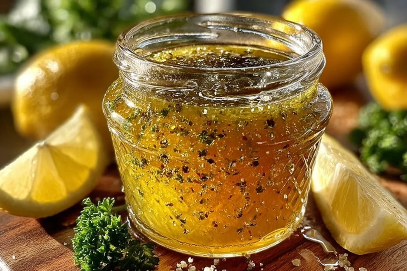 Fresh lemon vinaigrette dressing drizzled on a mixed salad