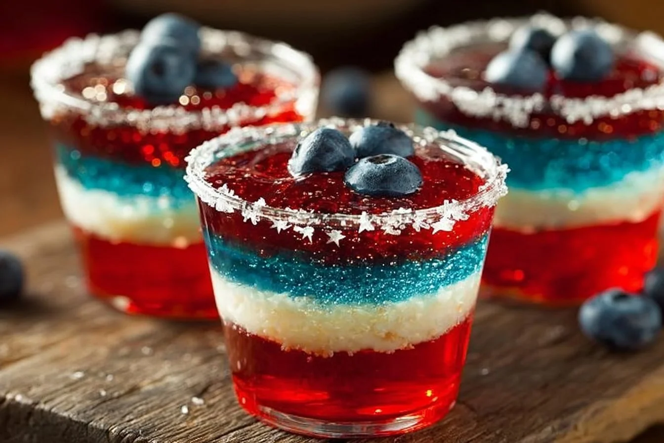 These layered Red White & Blue Jello Shots are perfect for a summer party. Make a batch of Amer…