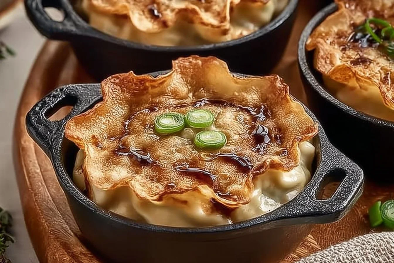 TikTok viral dumpling lasagna dish with layers of dumplings and sauce