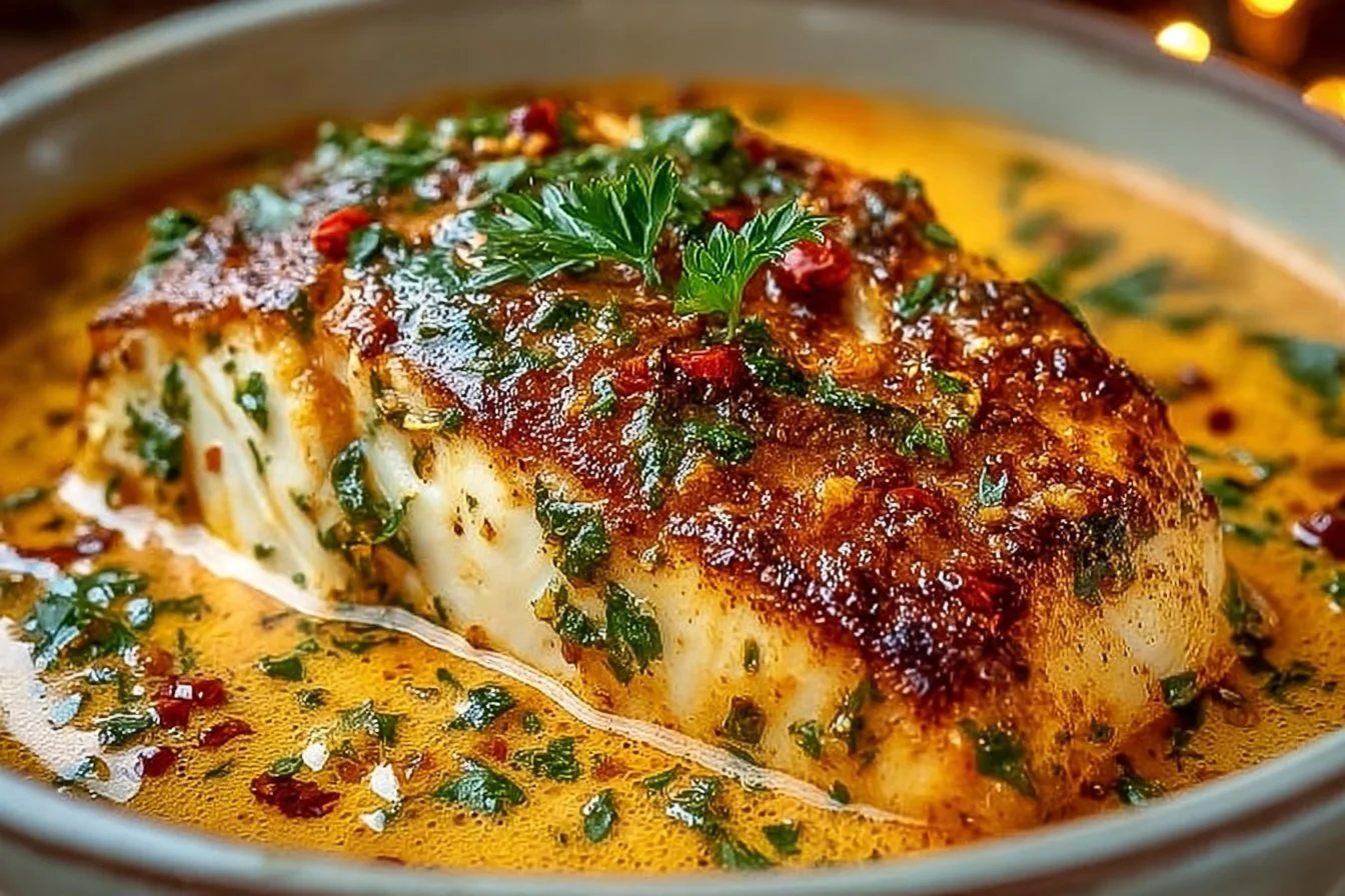 Tilapia fillet served in roasted pepper sauce, garnished with herbs.