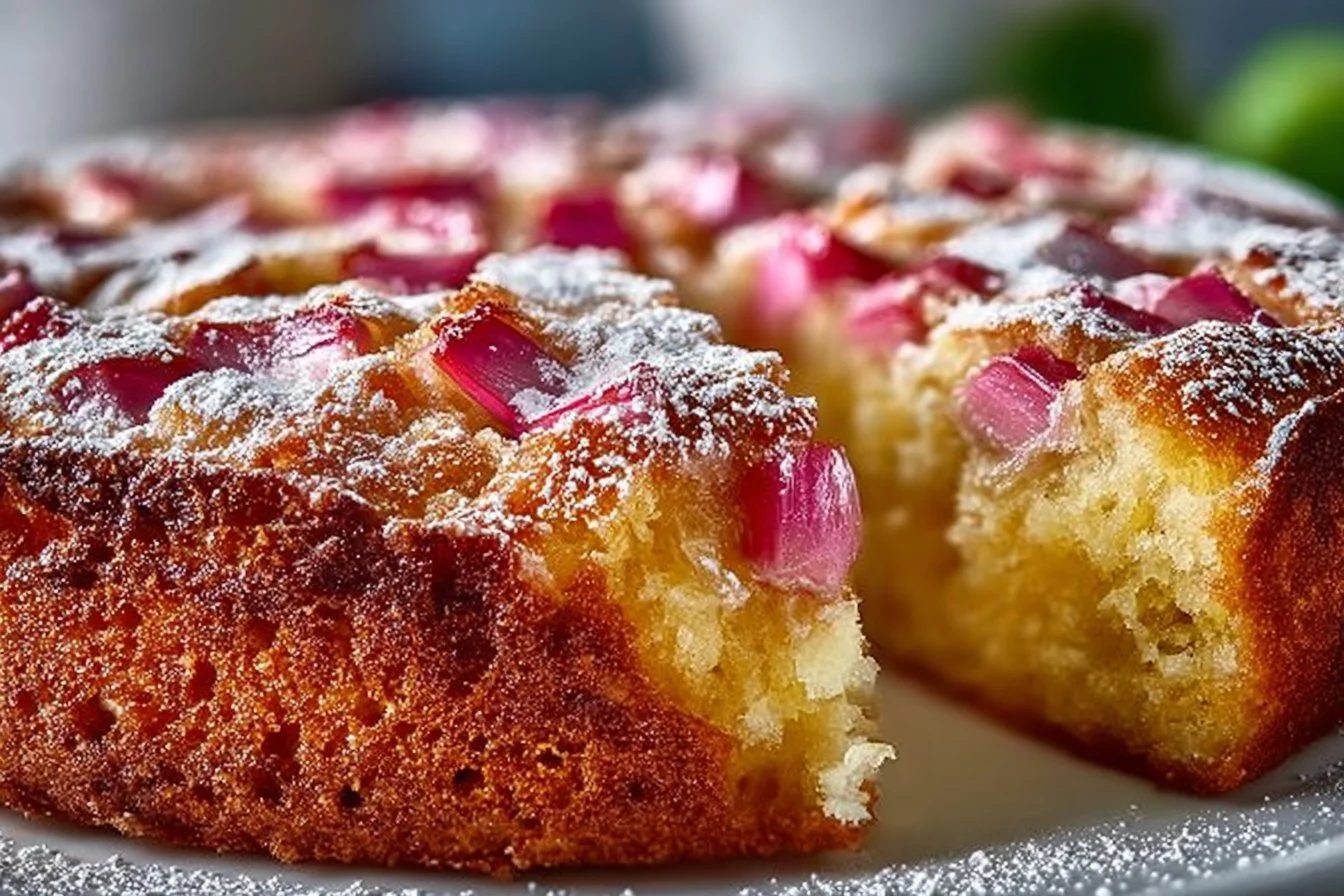 Traditional Norwegian Rhubarb Cake with a tender crust and fresh rhubarb filling.