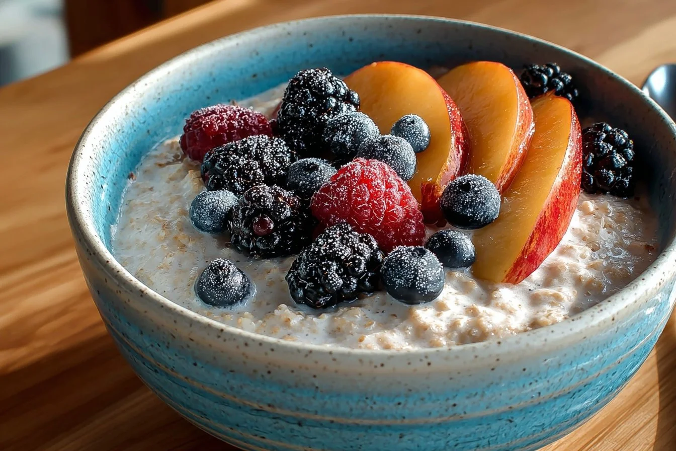 Bowl of Vegan Overnight Oats with Chia Seeds and fresh fruit toppings