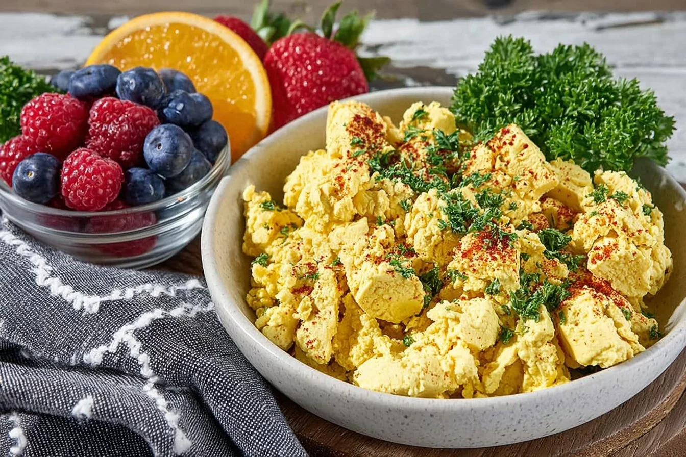 Vegan tofu 'eggs' served in a bowl with fresh herbs and colorful vegetables.