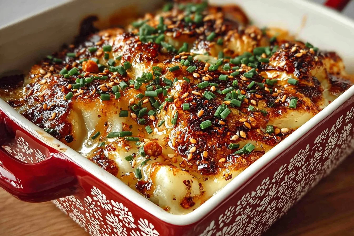 Viral dumpling lasagna served in a baking dish, showcasing layers and ingredients.