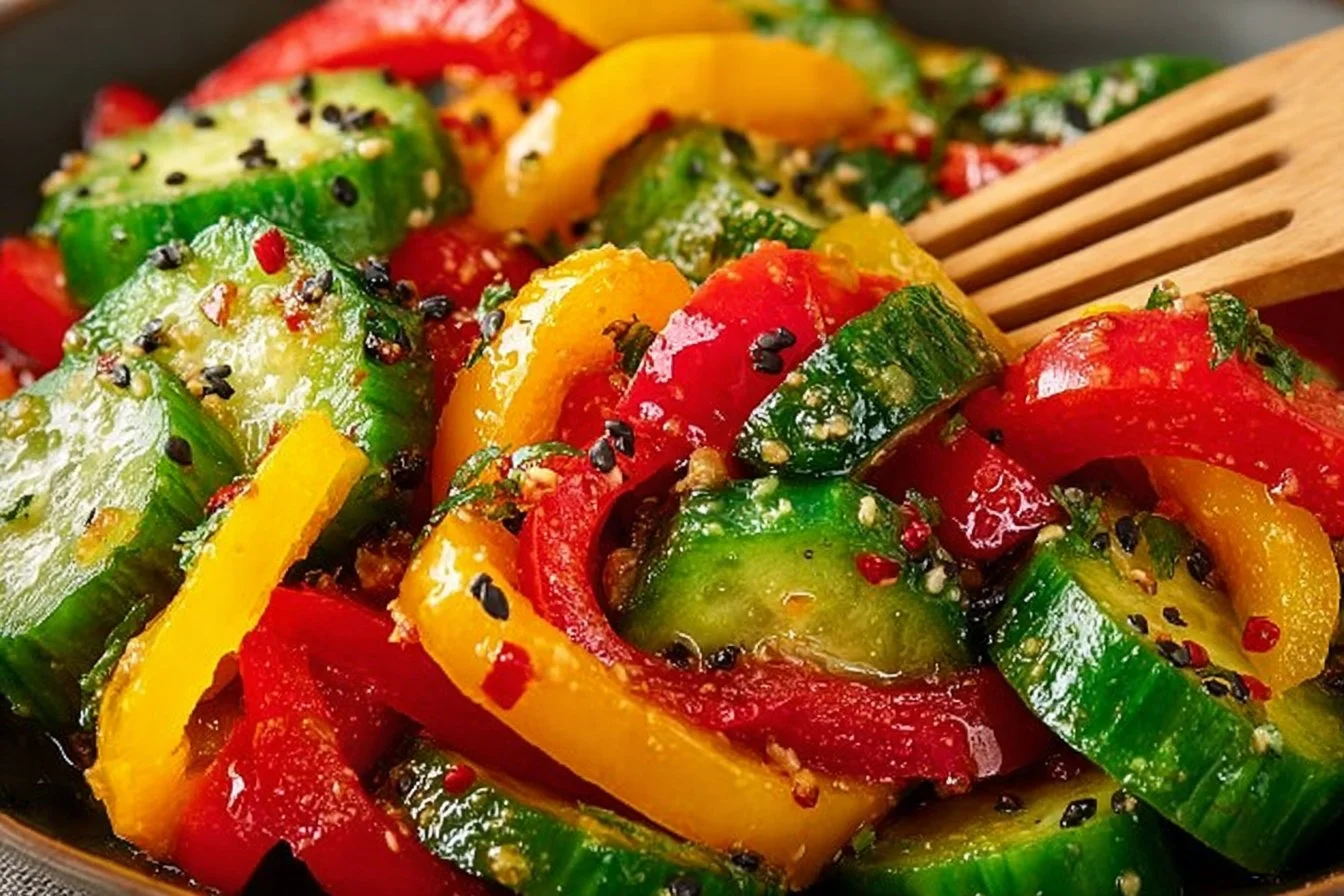 Viral TikTok cucumber and bell pepper salad served in a bowl