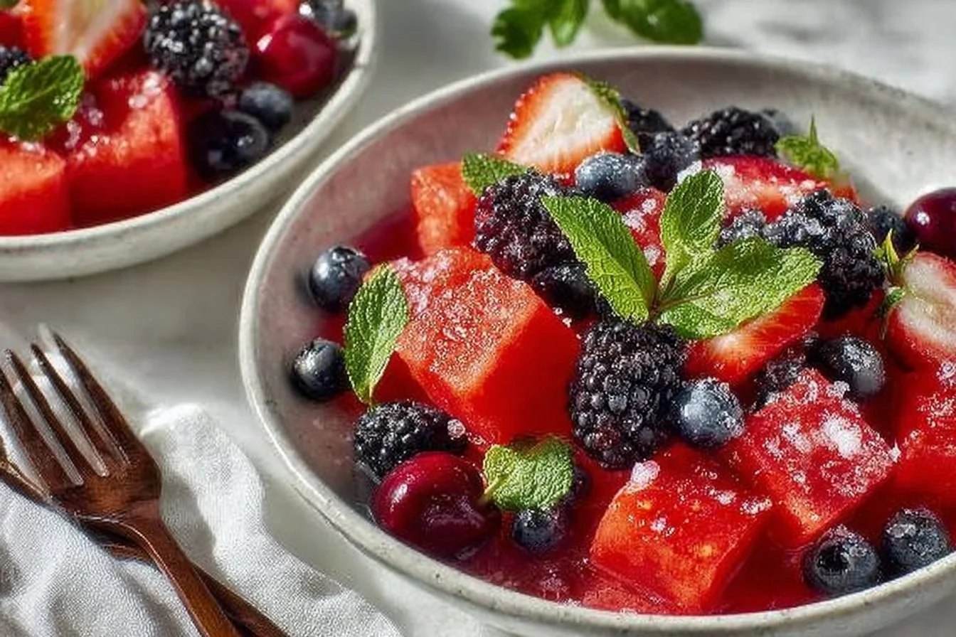 A vibrant bowl of watermelon fruit salad with mint and citrus dressing.