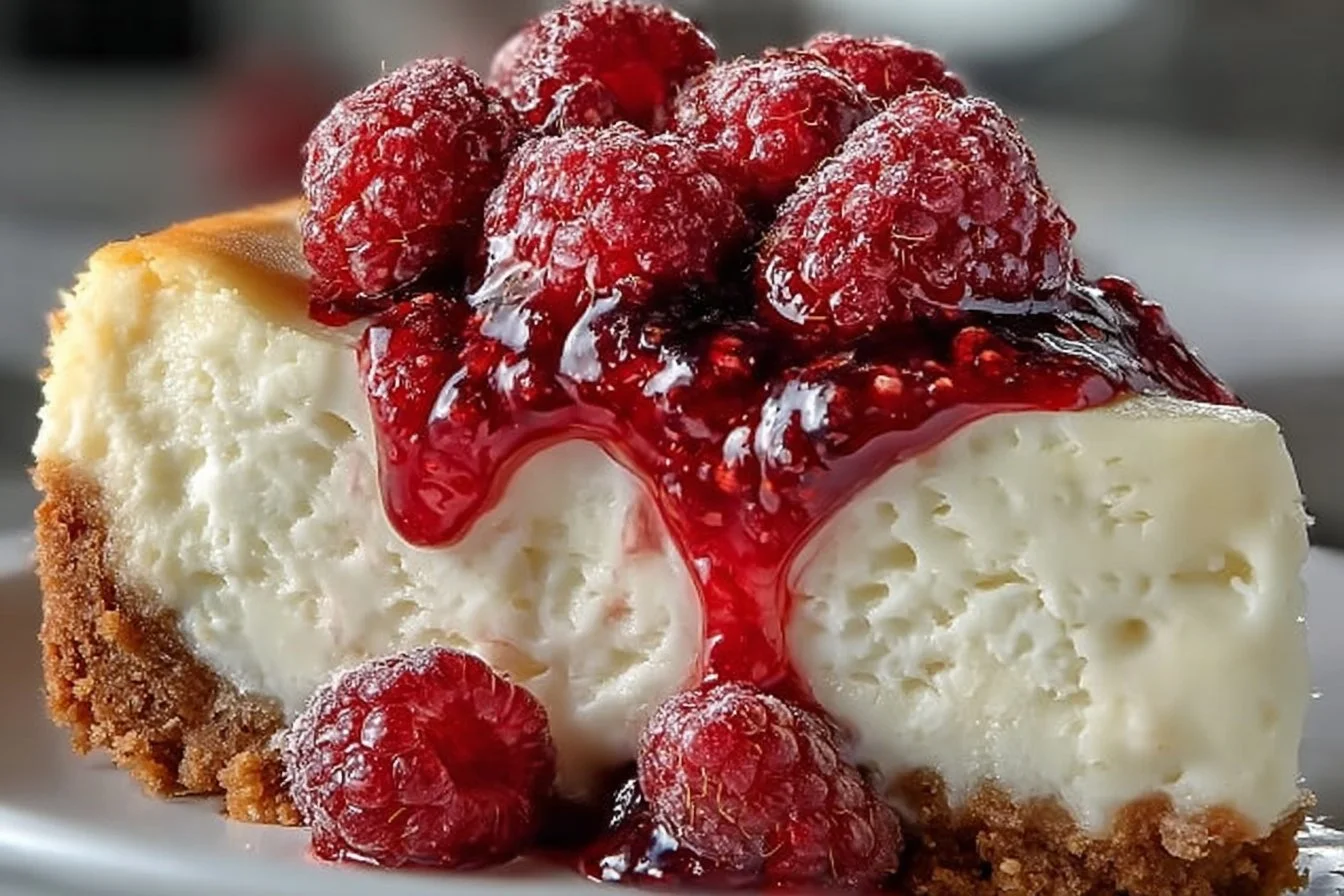 Delicious white chocolate raspberry cheesecake topped with fresh raspberries.