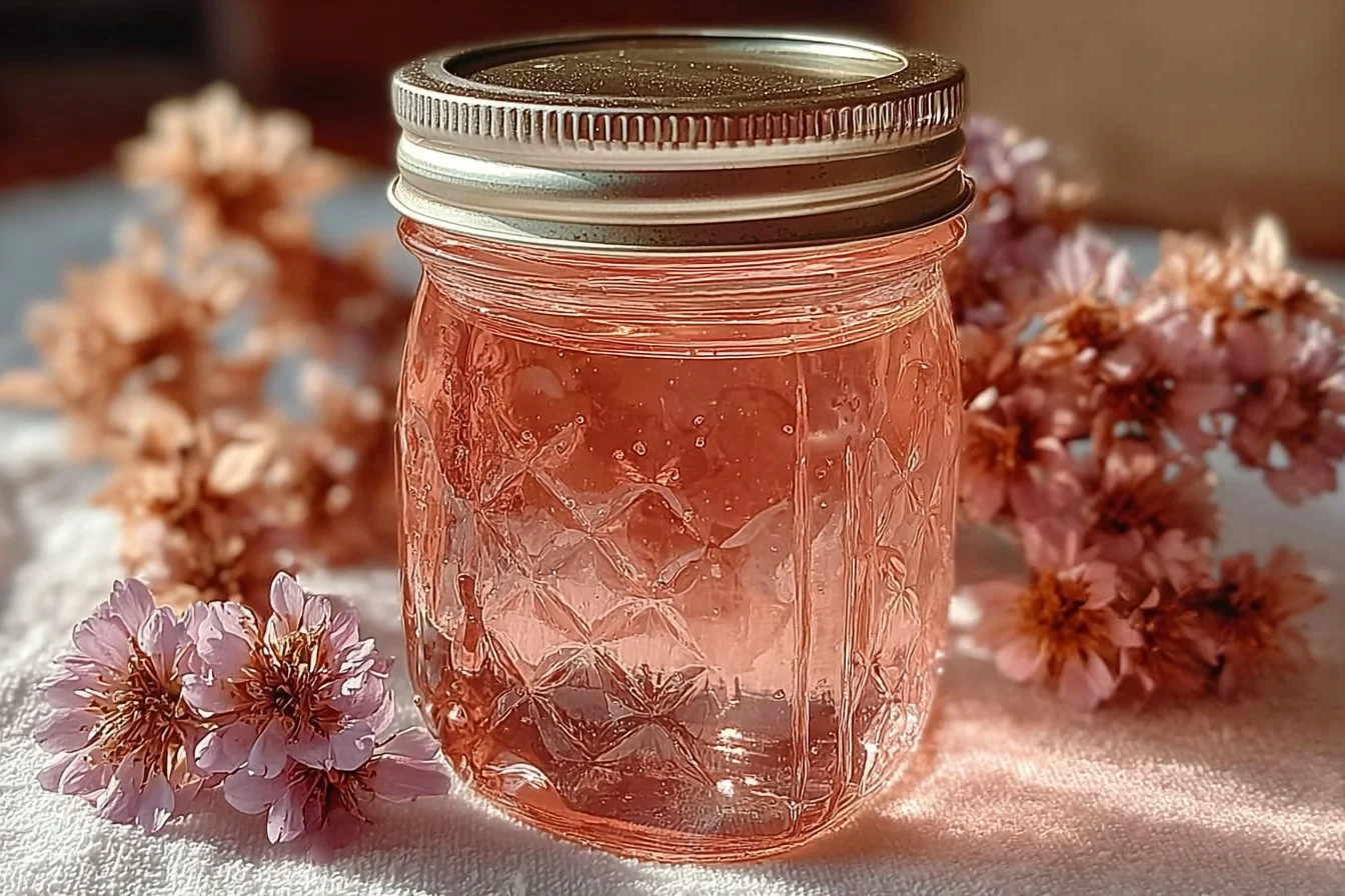 Homemade White Clover Jelly in a jar with a rustic background