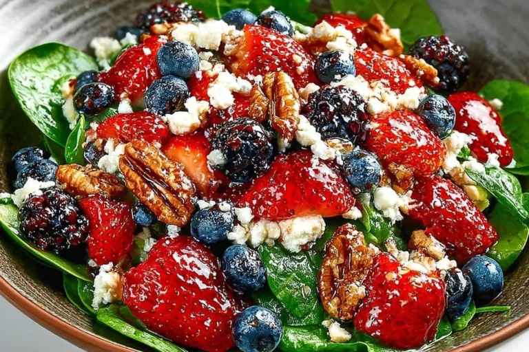 Freshly made strawberry spinach salad with vibrant ingredients.