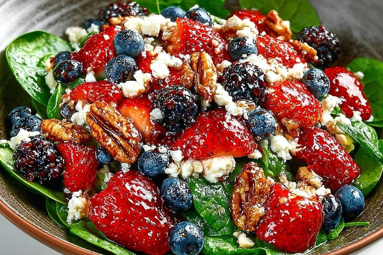 Freshly made strawberry spinach salad with vibrant ingredients.