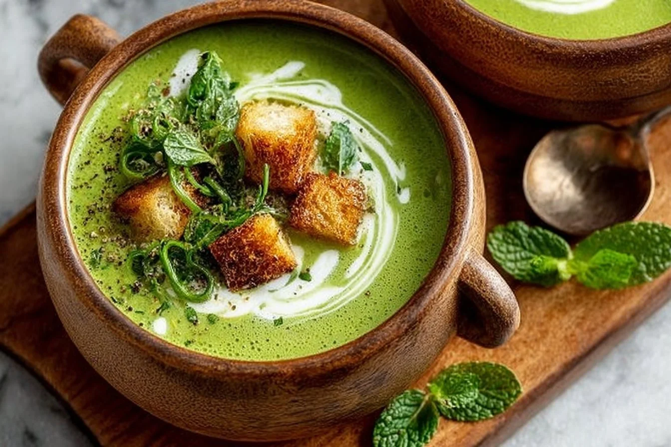 Bowl of fresh 5-ingredient pea and mint soup garnished with mint leaves.