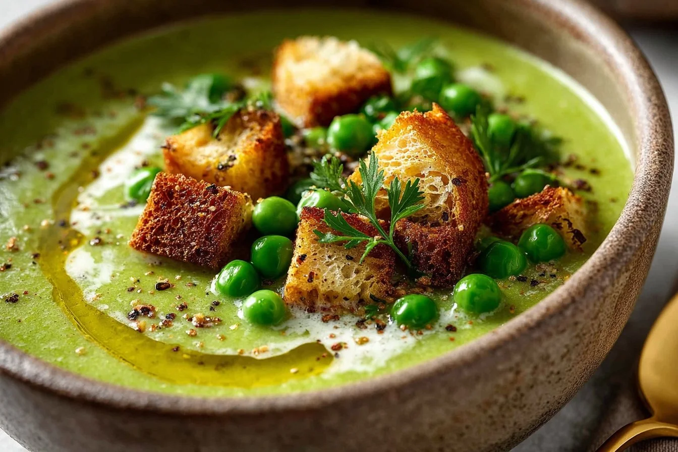 Bowl of 5-ingredient Vegan Pea Soup garnished with fresh herbs