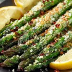 Crispy air fryer asparagus served on a plate with seasonings.