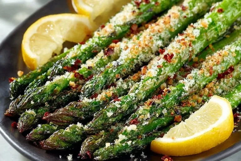 Crispy air fryer asparagus served on a plate with seasonings.