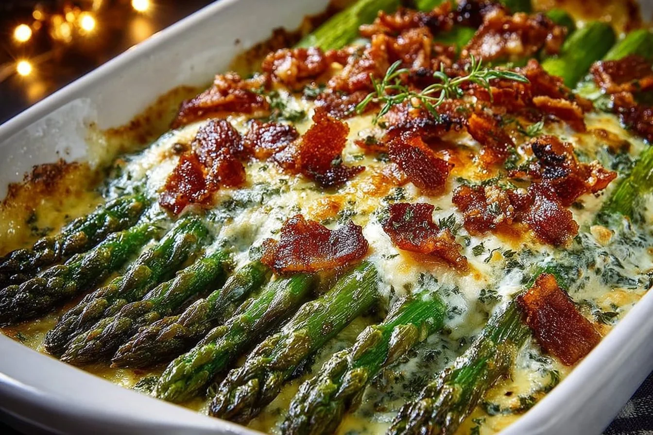 Keto-friendly asparagus casserole baked with cheese and herbs