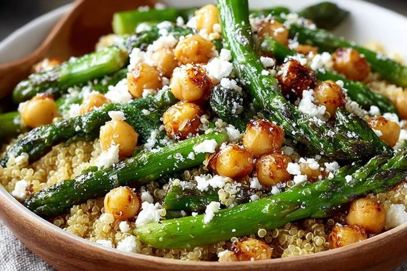 Asparagus Chickpea Quinoa Salad with fresh vegetables and a lemon dressing