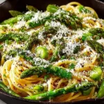 Delicious asparagus pasta dish garnished with herbs and cheese