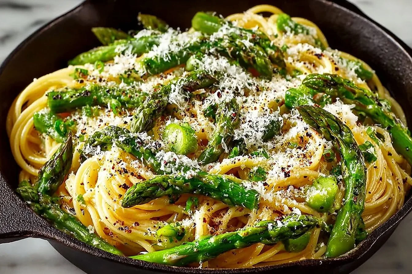Delicious asparagus pasta dish garnished with herbs and cheese