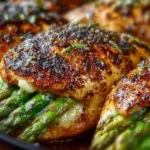 Asparagus stuffed chicken breast on a plate garnished with herbs