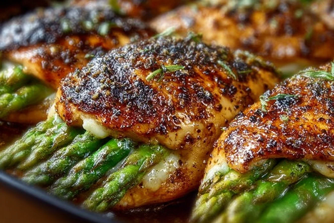 Asparagus stuffed chicken breast on a plate garnished with herbs