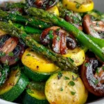 Colorful Asparagus Zucchini Squash medley in a serving dish