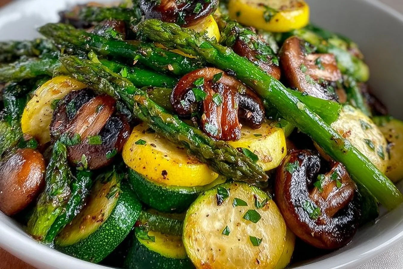 Colorful Asparagus Zucchini Squash medley in a serving dish
