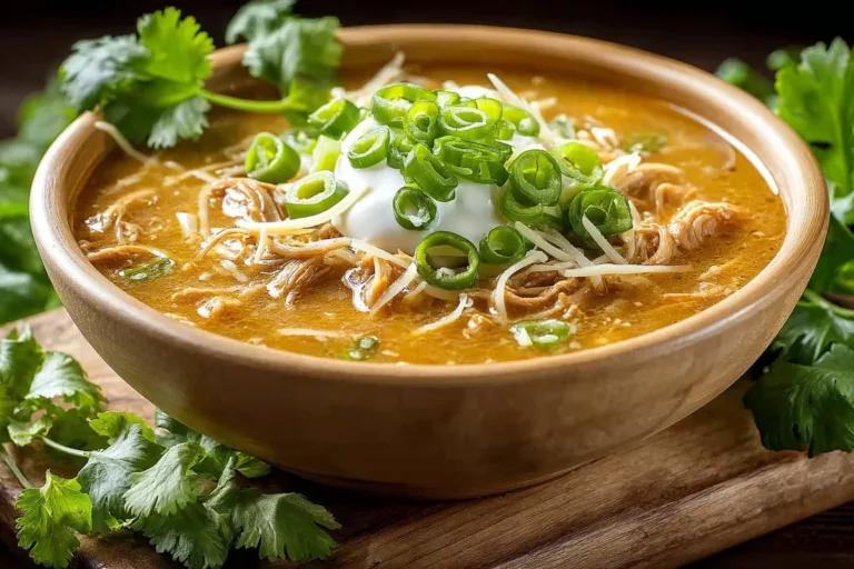 Bowl of award-winning white chicken chili topped with cilantro and cheese