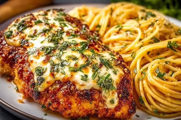 Plate of baked chicken parmesan topped with marinara sauce and melted cheese.