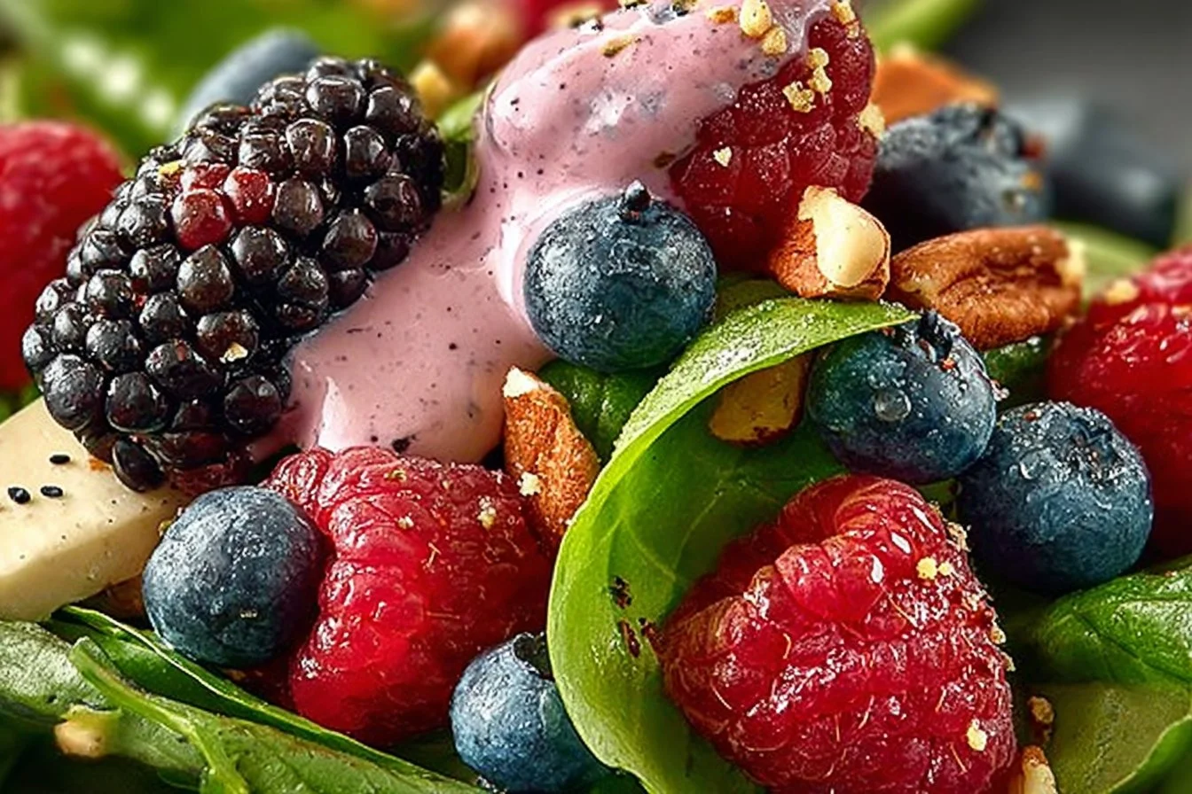 A colorful Berry Pistachio Spinach Salad with fresh fruits and nuts.