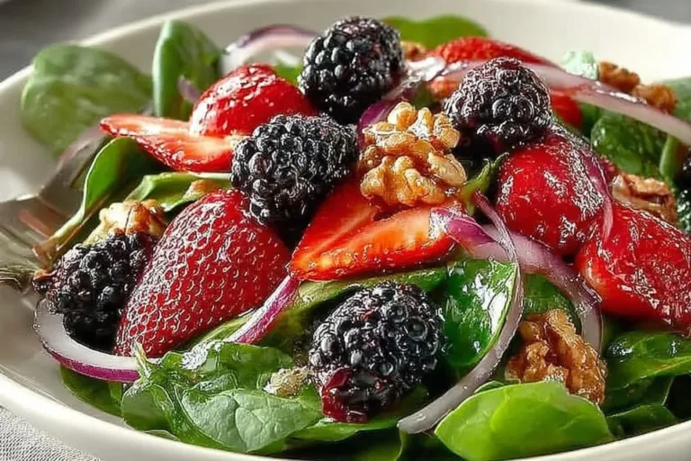 Delicious Berry Walnut Spinach Salad garnished with fresh berries and walnuts