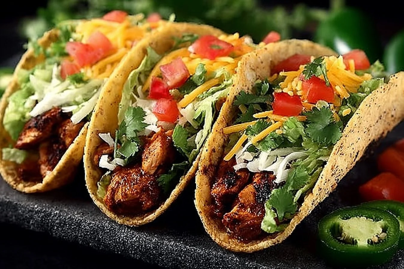 Delicious chicken tacos served with fresh toppings and vibrant ingredients.