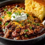 Bowl of the best chili recipe topped with cheese and herbs