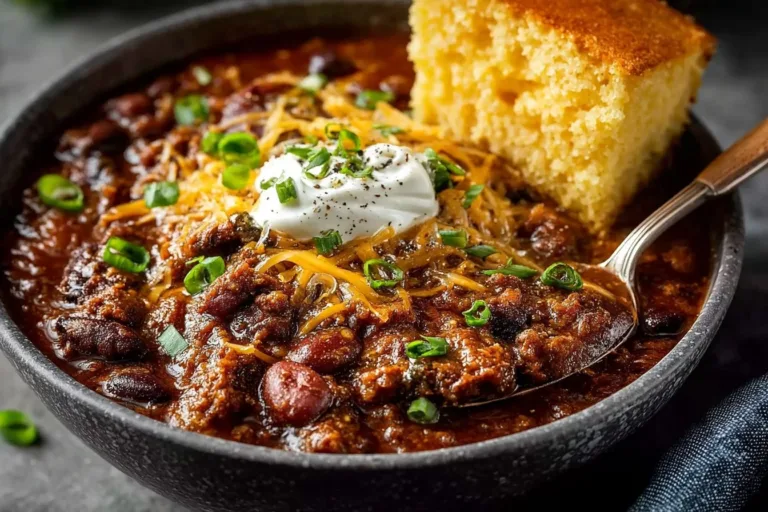Bowl of the best chili recipe topped with cheese and herbs
