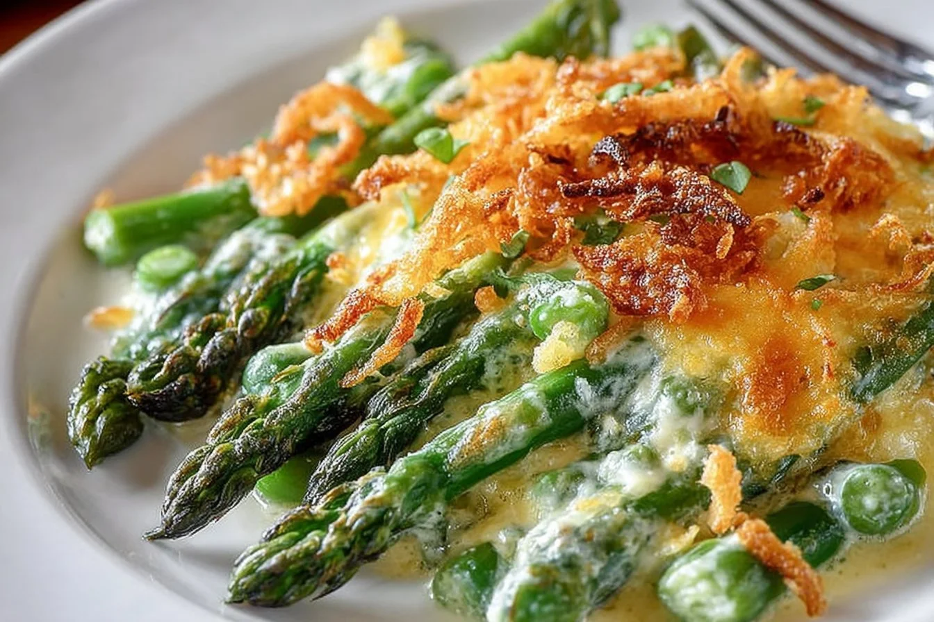 A delicious asparagus casserole fresh out of the oven, topped with crispy breadcrumbs.