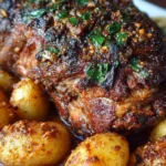 Deliciously roasted leg of lamb served with herbs and sides