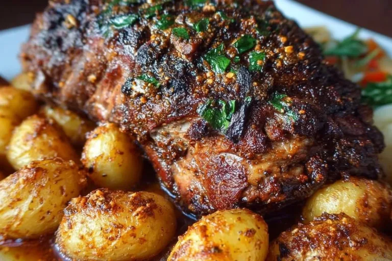 Deliciously roasted leg of lamb served with herbs and sides
