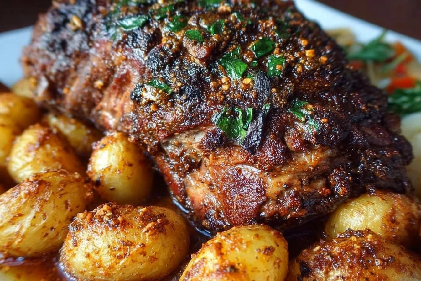 Deliciously roasted leg of lamb served with herbs and sides