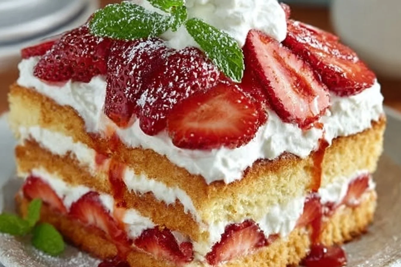 Delicious strawberry shortcake cake topped with fresh strawberries and whipped cream.